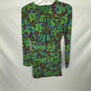 Zara Green Red Blue Floral Knotted Open Front Slit Sheath Mini Dress Ruched Sz S